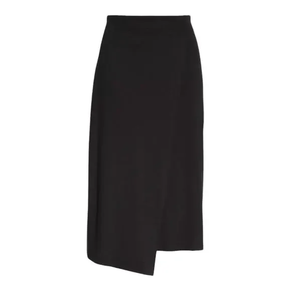 Eileen Fisher NWT Black Tencel Lyocell Stretch Faux Wrap Knee Midi Skirt XXS